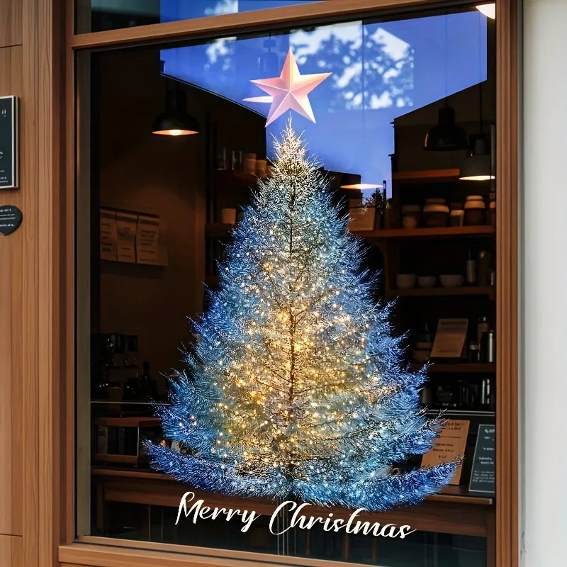 Blue Needle Xmas Tree Electrostatic Decals Store Window Display Decoration Big Size Christmas Tree Glass Window Stickers