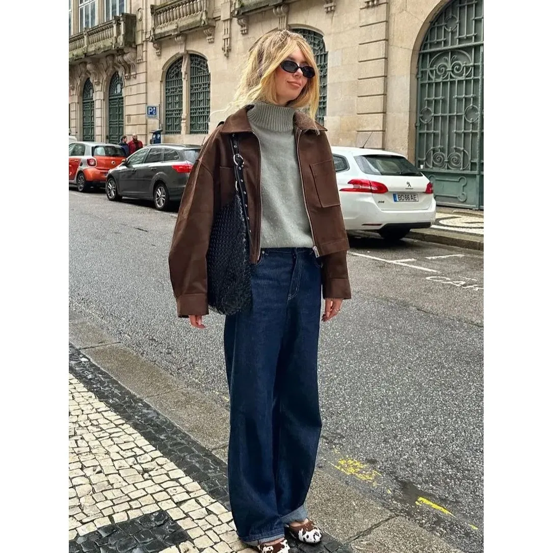 

Women's Long Lapel Suede Bomber Jaet Zipper Cleanfit Sle Winter Thiened Fake Two-Piece Design Deparent Store Available