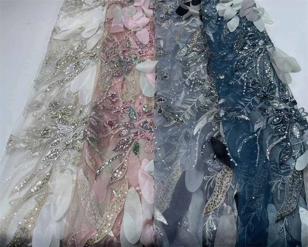 African 3D Flower Lace Fabric 5 Yards High Quality Beaded Embroidery Lace Fabrics Sequence Tulle Lace For Wedding Party Dress