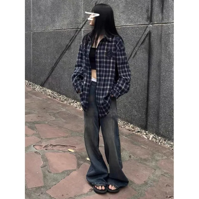 QWEEK Vintage Oversized Plaid Shirt Woman Streetwear Casual Long Sleeve Blouse Korean Style Youthful Harajuku Autumn Clothes