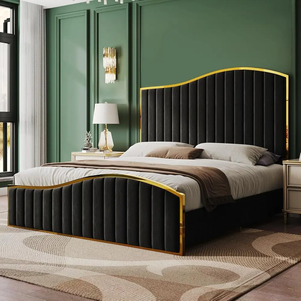 Queen Size Velvet Platform Bed with Gold Trim, No Box Spring Needed, Black