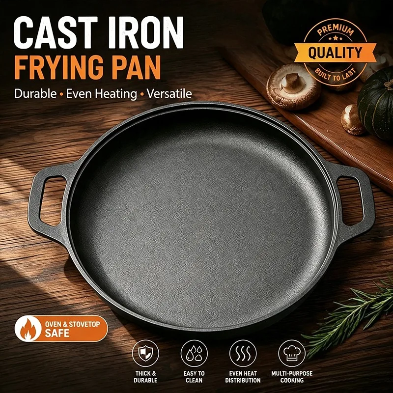 Cast Iron Frying Pan Uncoated Pizza Egg Pancake Pot Vegetable Steak Skillet Home Kitchen Flat Pan Omelette Outdoor Cookware