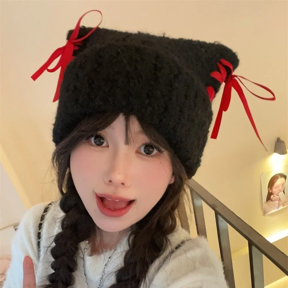 

Windproof Cat Ear Beanie Thickened Warm Color Straps Knitted Beanie Handmade Sweet Bow Ribbon Pullover Hat for Autumn Winter