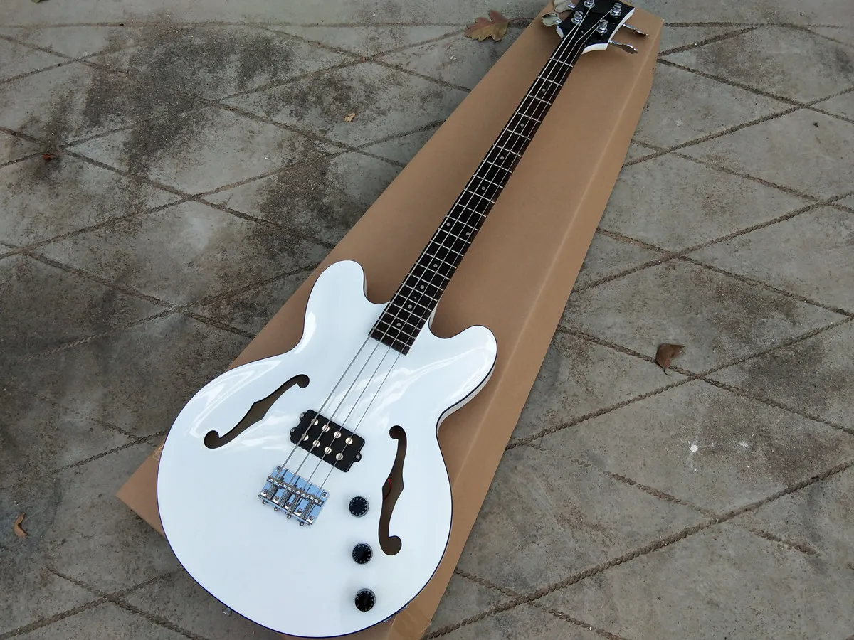 white color 4 string double f hole electric bass guitar for rosewood fingerboard for 864mm scale length