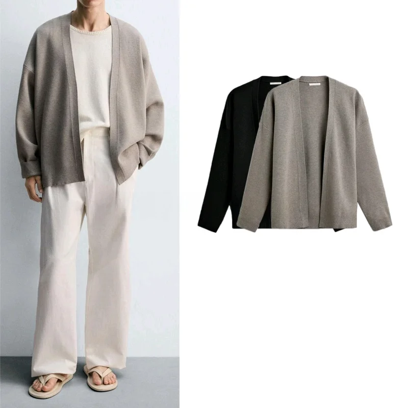 

New Autumn Men's Loose Fit Open Cardigan Outerwear Polyester Fiber Long Sve Breathable Comfortable Knitted Sweater Coat