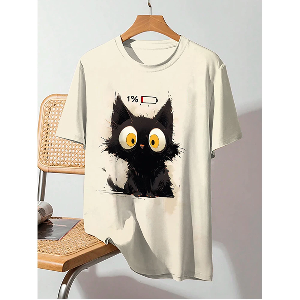 

Women's T-shirt Fried Black Cat Print T-shirt Niche Design Harajuku Casual Short Sleeved Top Plus Size Women's Clothing