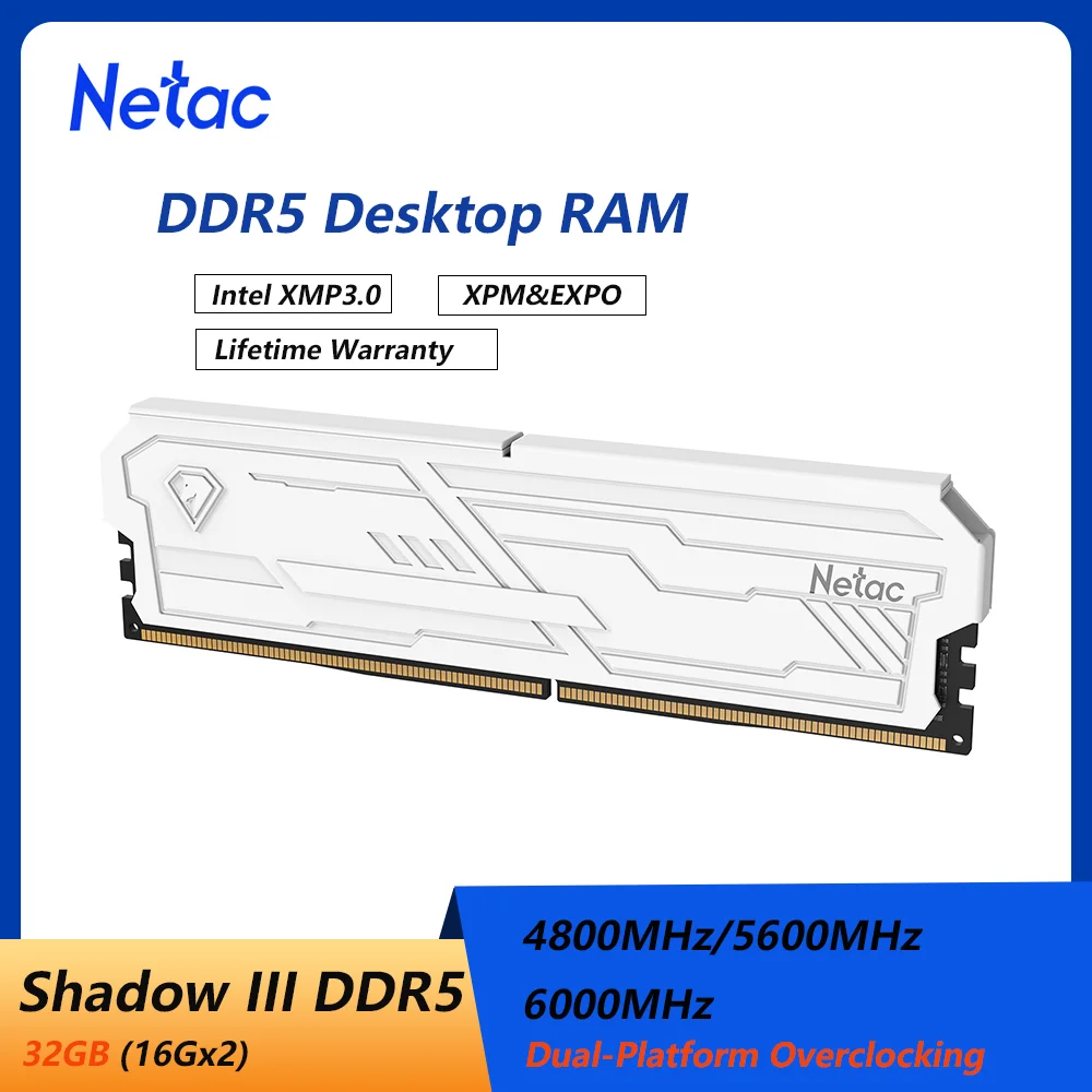 Memoria RAM Netac DDR5 16GBx2 DDR5 4800mhz 5600mhz con Disipador de Calor XMP3.0 288Pin Udimm de Doble Canal para Placa Base de PC