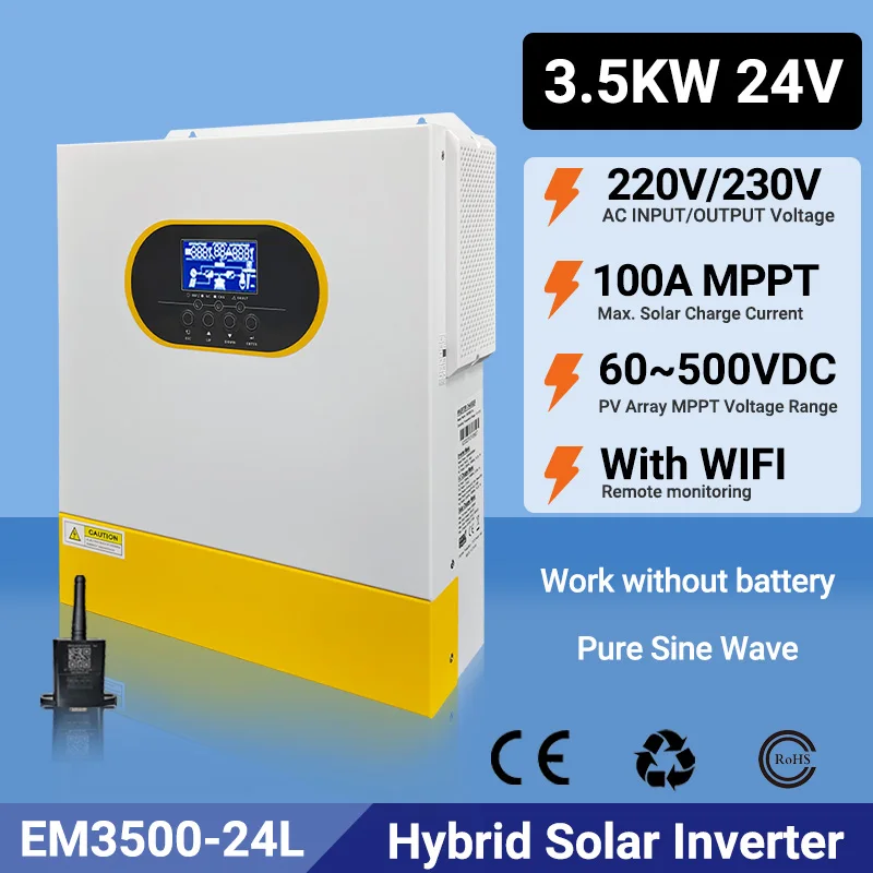 3.5KW 24V عاكس للطاقة الشمسية الهجين موجة جيبية نقية التيار المتناوب 220 فولت/230 فولت تيار مستمر 500 فولت على الشبكة/الخروج الشبكة 100A MPPT جهاز تحكم يعمل بالطاقة الشمسية مع واي فاي