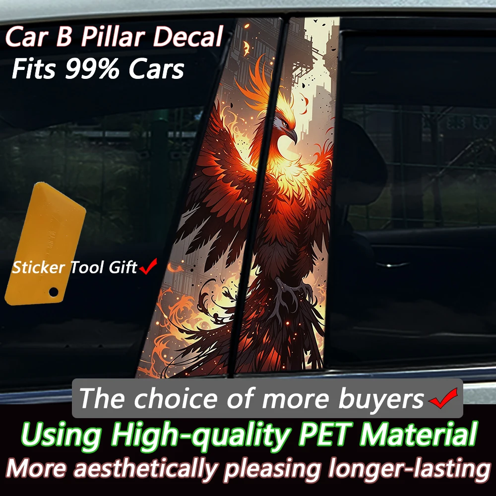2PCS Phoenix Fire Pattern Car B Pillar Sticker Waterproof Vehicle Center Column Decor Decal Auto Window Pillar Vinyl Sticker