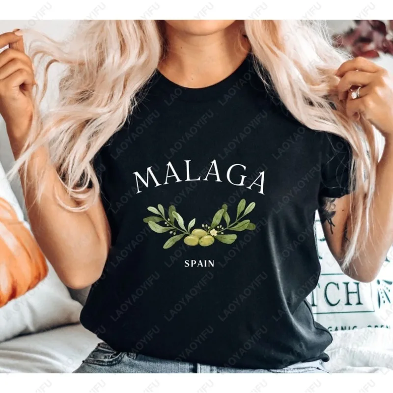 Camiseta Malaga España con estampado de aceitunas, camiseta unisex con cuello redondo, ropa suave y cómoda, camiseta de estilo informal sencillo, camisetas de algodón para ir al trabajo, regalo