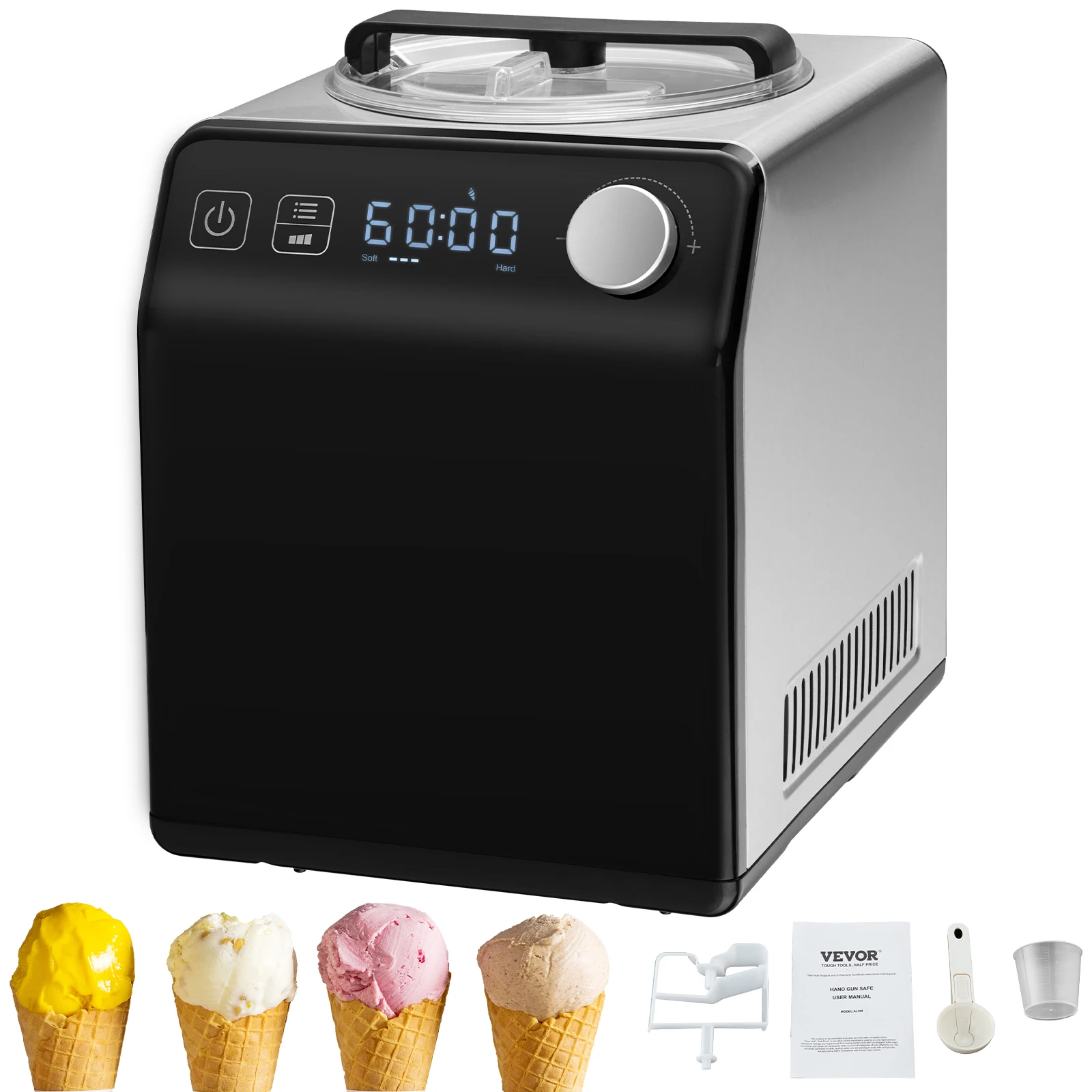 VEVOR Upright Automatic Ice Cream Maker with Built-in Compressor, 2 Quart No Pre-freezing