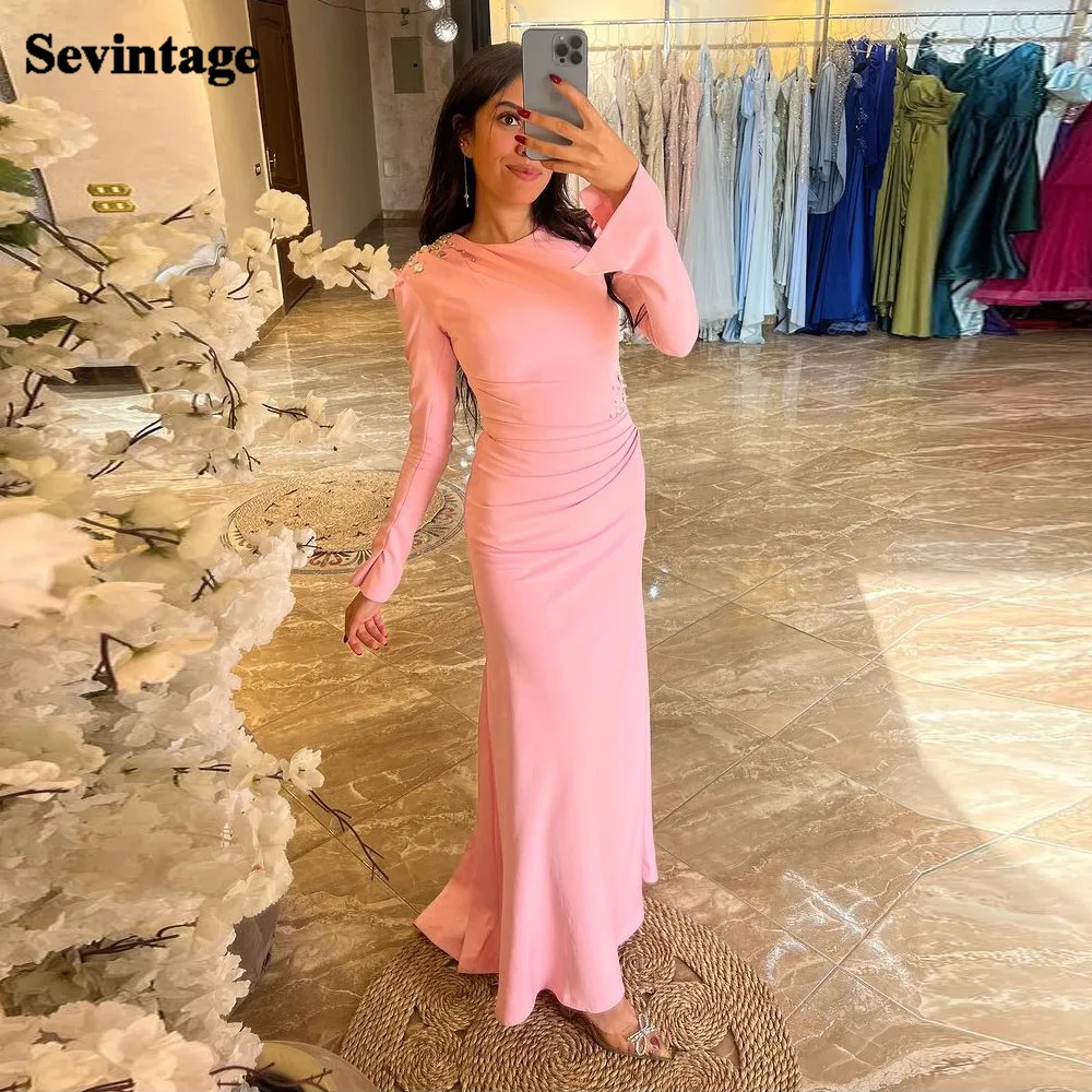 

Sevintage Simple Pink Arabia Mermaid Prom Dresses O-Neck Long Sleeves Floor Length Party Dresses vestidos de graduación 2024