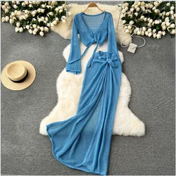 Beach Vacation Style Suits V-Neck Long Sleeve Short Tops+Hollow Out Long Skirt Fashion Senior Bandage Knitted Sets