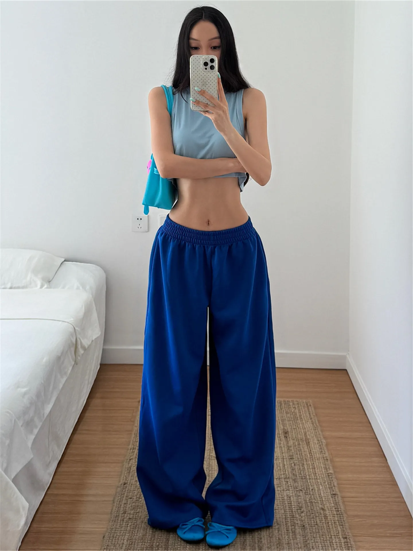 American Retro Low Waist Wide Leg Sweatpants Women's Loose Slimming Summer Sporty Pants Blue Color Comfortable Casual Design