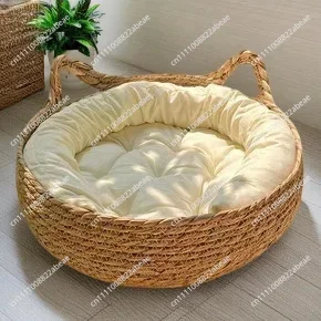 Rattan Weaving Cat Basket Bed With Soft Cushion Round Donut Design Cozy Warm Comfortable Sleeping Nest For Cats And Dogs