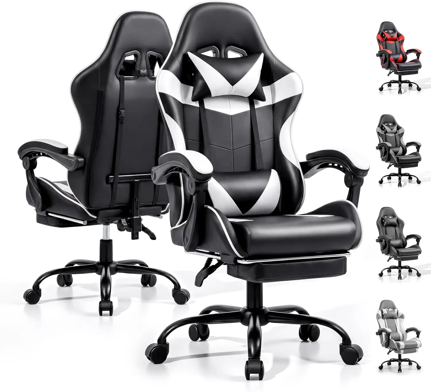 Ergonomic Gaming Chair with Footrest, Lumbar Support, Height Adjustable, 360° Swivel, Black & White