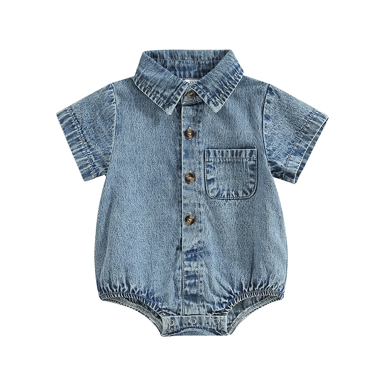 Baby Boys Girls Western Denim Bodysuit Sleeveless Button Front Bodysuit Top With Pocket Summer Jeans Romper Clothes