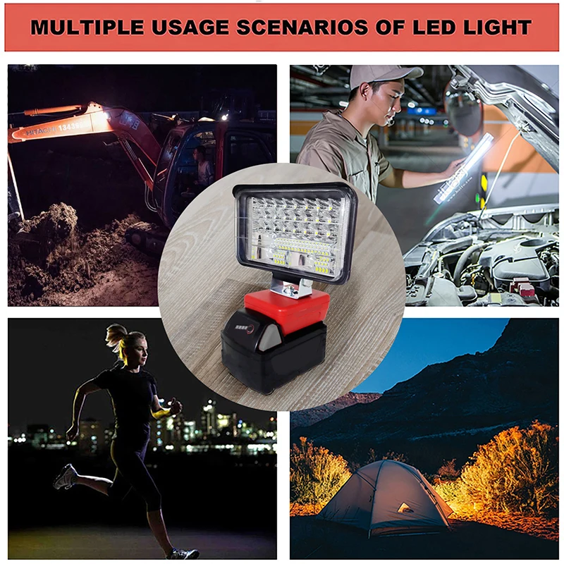 Car LED Work Lights Flashlights Electric Torch Spotlight Lamp for Milwaukee 18V Li-ion Battery for M18 High and Low Beam Control