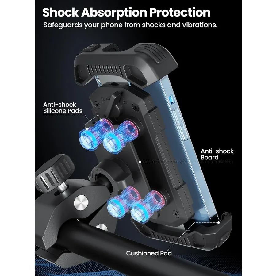 Motorcycle Phone Holder Mount with Dual Vibration Dampener for Secure Riding ToolFree Handlebar Clip Design Compatible w