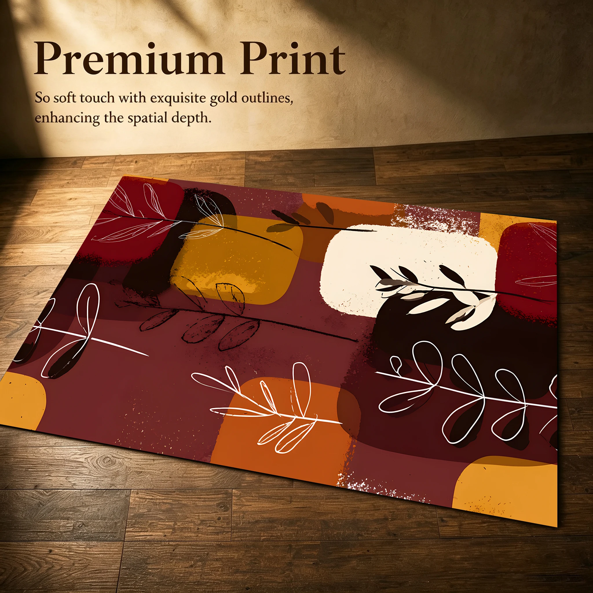 Warm-Toned Color Blocks, Simple Line Drawing of Branches and Leaves, Retro Art Style Autumn and Winter Velvet Carpet, Suitable for Living Room and Bedroom, Creating a Strong Autumn Harvest Atmosphere