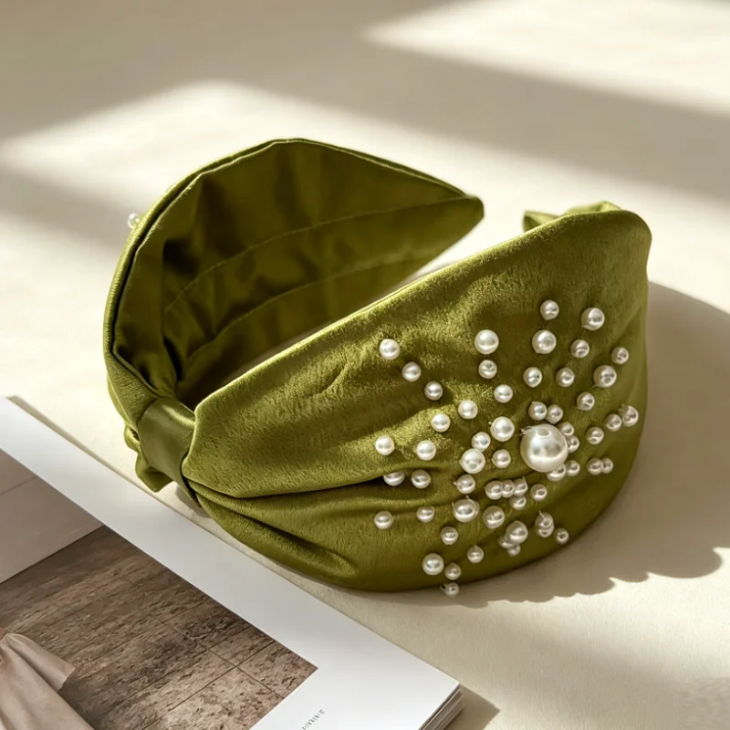 Hand Sewn Pearl Avocado Green Headband for Women 8.5cm Wide Edge Hairbands Hair Hoop Pressed Hair Hair Accessories Headwear