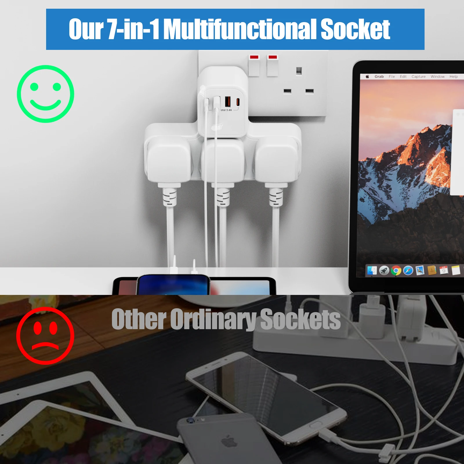 3250 واط المملكة المتحدة التيار المتناوب التوصيل قطاع الطاقة الكهربائية الحائط منفذ مرشح شبكة Multitap مع 2 Usb-A 2 Usb-C محول شحن