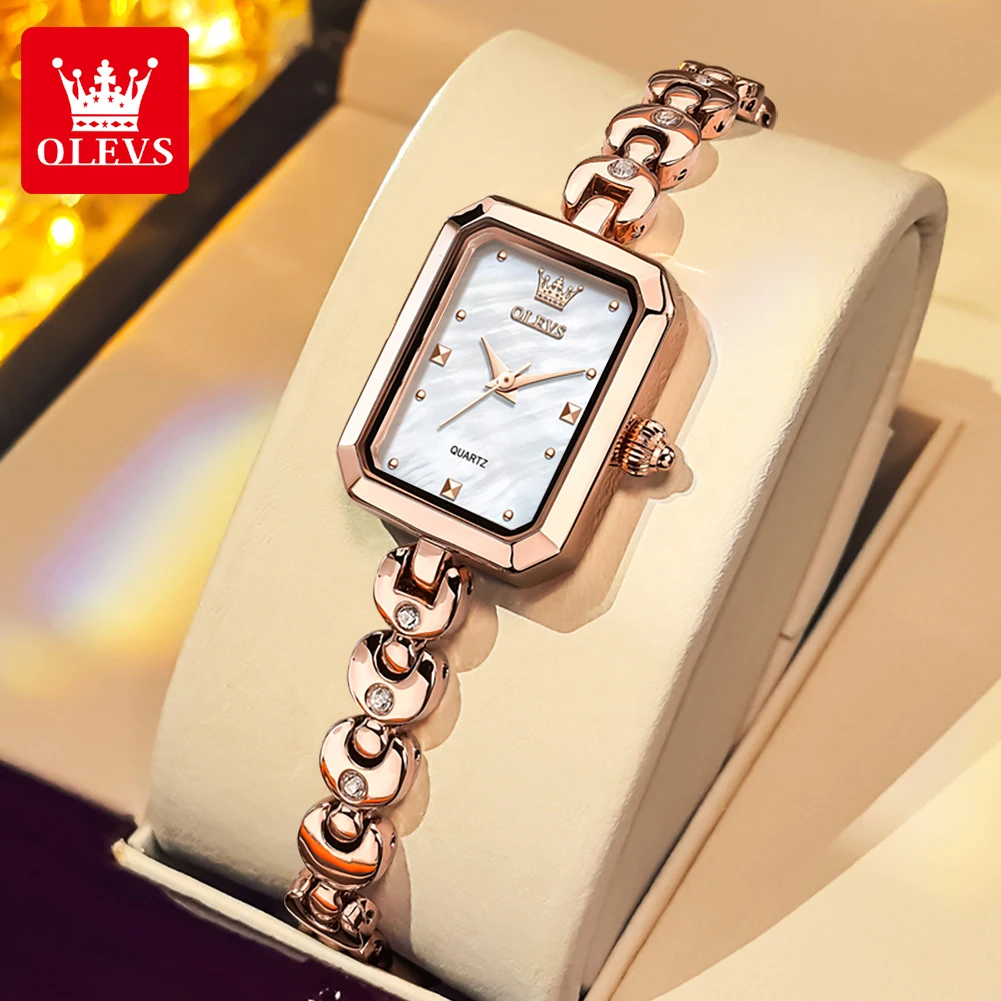 OLEVS 3665 Quartz Movement Elegance Watch For Women Pearl Art Square Dial Stainless Steel Strap  30m Waterproof Watch For Women