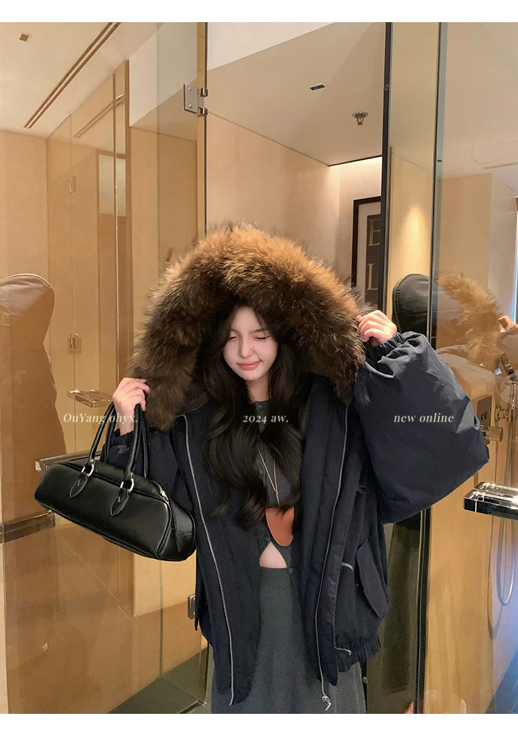 女性用ショートパーカーフード付きジャケット、ホーンボタン、フェイクファー襟、冬用暖かいワークウェアスタイルコート