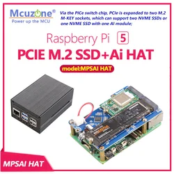 MPSAI, Raspberry Pi 5 PCIE M.2 SSD+Ai HAT, support 2230/2242/2280 size NVME SSD, HAILO AI