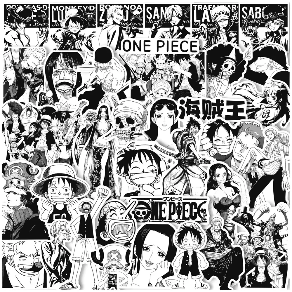 65pcs Anime One Piece Stickers Luffy Decals Laptop Motorcycle Phone Car Bike Cool Black White Manga Sticker Kids Classics Toys