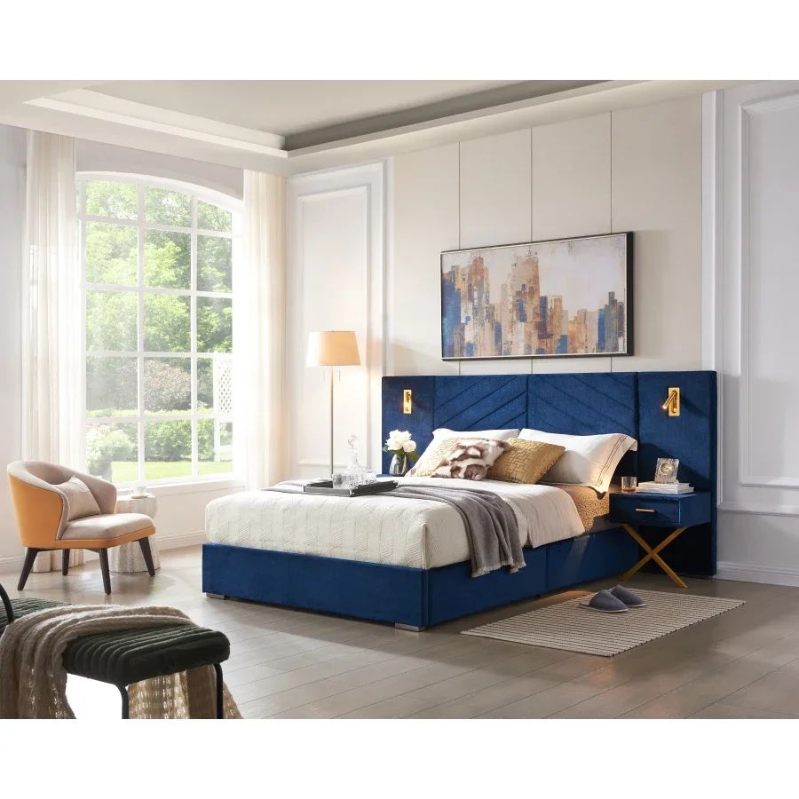 King Size Velvet Bed Frame/Vertical Channel Tufted Wingback Headboard/Upholstered Platform Bed/Strong Wooden Slats/No Box Sprin