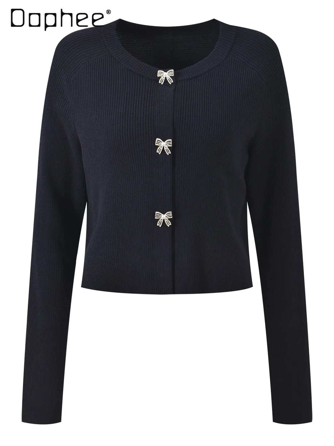 

Women's Cropped Knit Cardigan Bow Buttons Elegant Long Sleeve Crew Neck Sweater Top Soft Ribbed Knitwear Slim Casual Cardigan