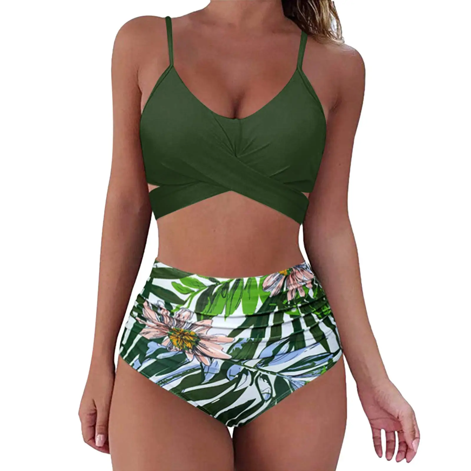 Conjunto de Bikini con estampado de leopardo para mujer, bañador Sexy con abertura, cuello en V fruncido, Tops cortos con cordones de realce + bañadores de vendaje de cintura alta para playa