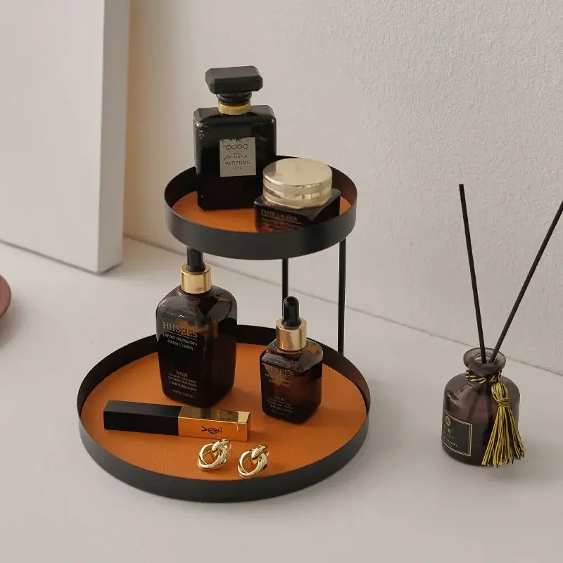 Double-layer Leather Pad Iron Bracket Storage Shelf Ornaments Dressing Table Jewelry Cosmetics Toiletries Tray Decoration items