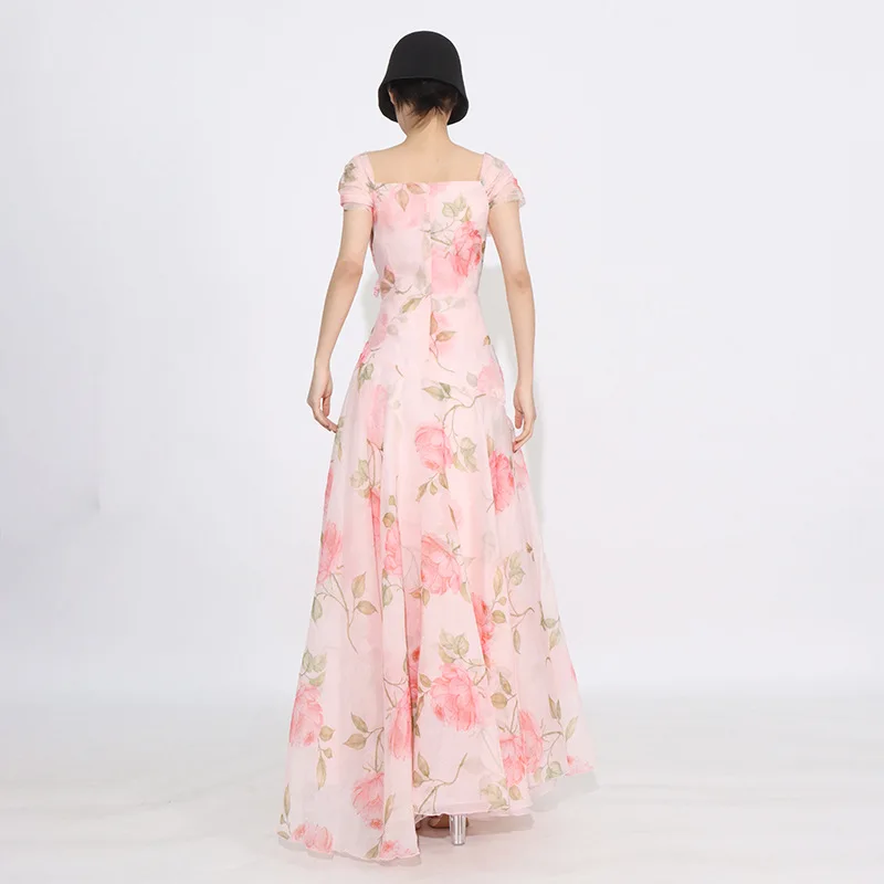 Francuska Sukienka Wakacyjna Elegancka Codzienna Letnia Plażowa Dekolt V Bufiaste Rękawy Kwiatowy Wzór 3D Modny Nadruk Wysoki Stan Linia A Długa Sukienka Damska
