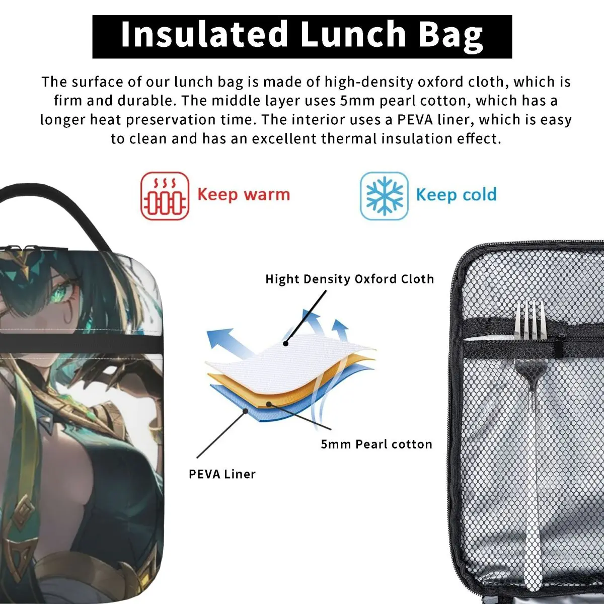 Genshin Impact Nefer Armpit Leak Insulated Lunch Bag for Women Children Leakproof Food Boxes Thermal Lunch Box Tote