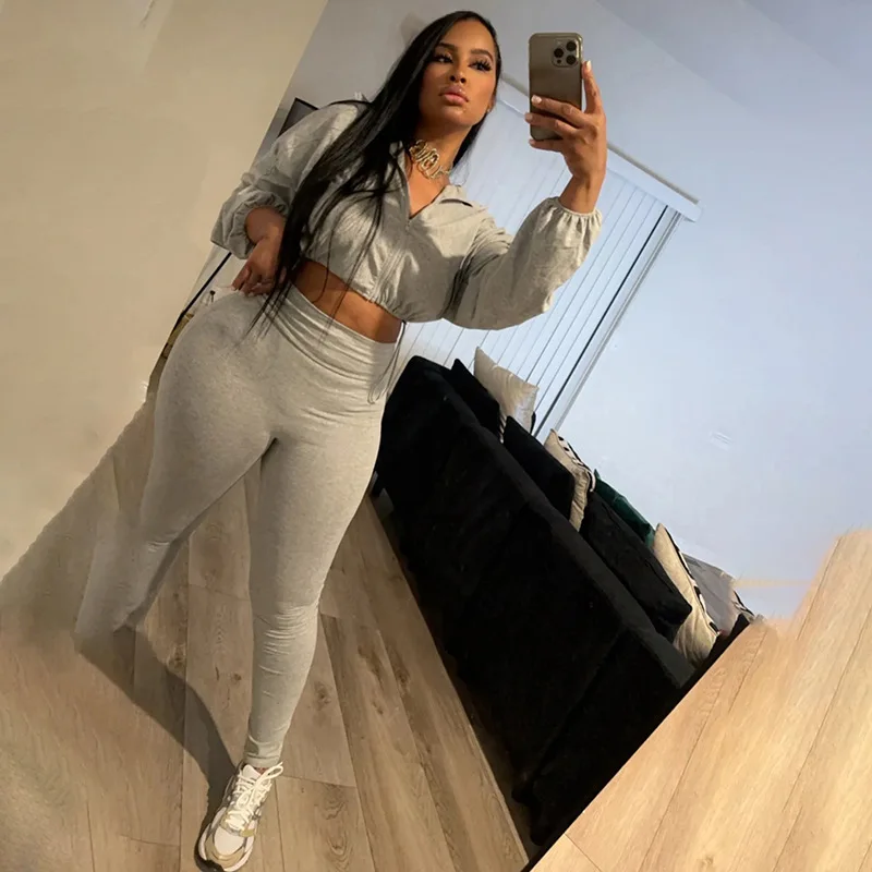 Tracksuits Women Solid Sports Two Piece Sets Zipper Drawstring Tops And Jogger Pants Skinny Sexy Gym Autumn Winter Lady Clothes