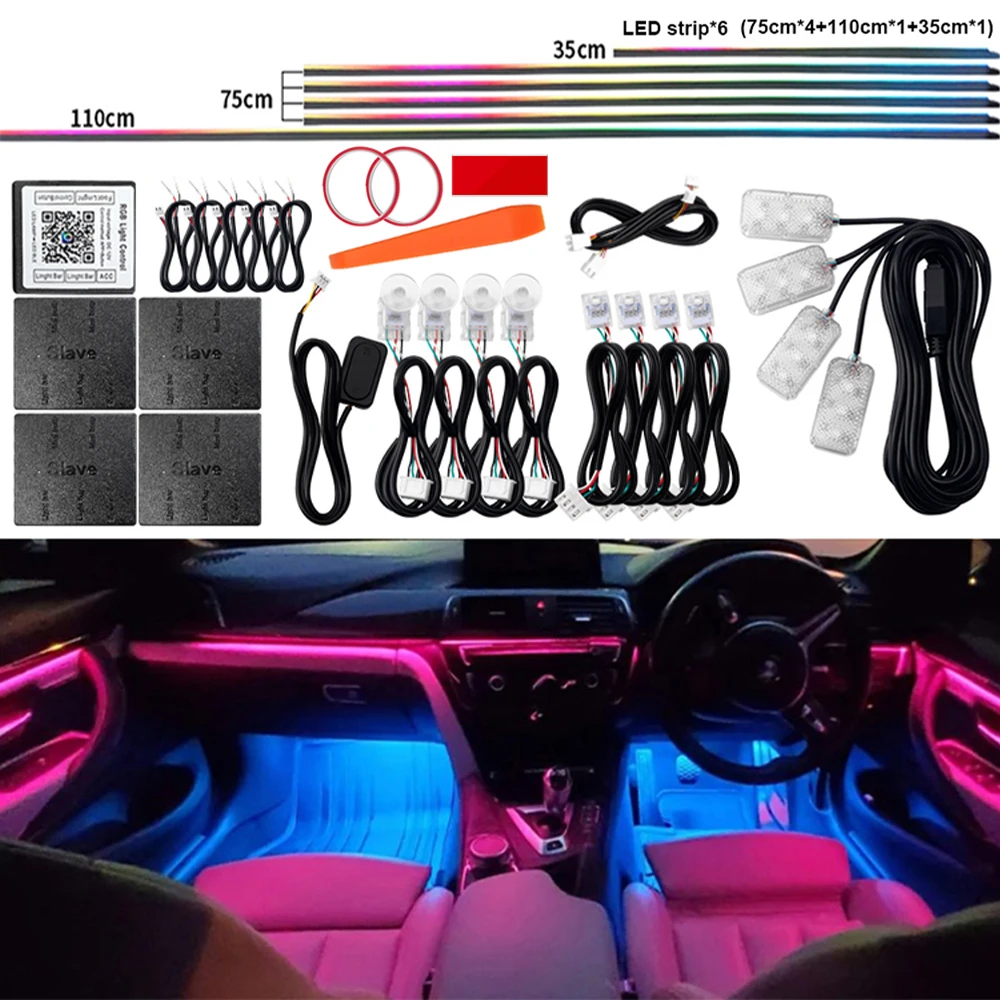 Universal LED Luz Ambiente para Interior do carro, Symphony Streamer, RGB 64 Cor, Hidden Acrílico Decoração Strip, Lâmpada Atmosfera