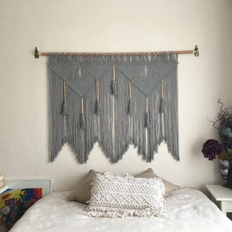 Tapiz bohemio tejido a mano, cortinas con patrón de hojas, borla, sofá, fondo de cabecera, colgante de pared, decoración de habitación, tapiz de cortina