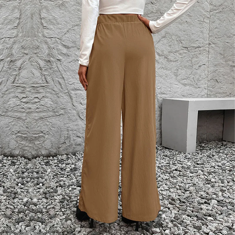 Temperament Pure Color Lace-up High Waist Wide Leg Pants, Women's New Autumn Fashion Casual Loose Elegant Straight-leg Pants