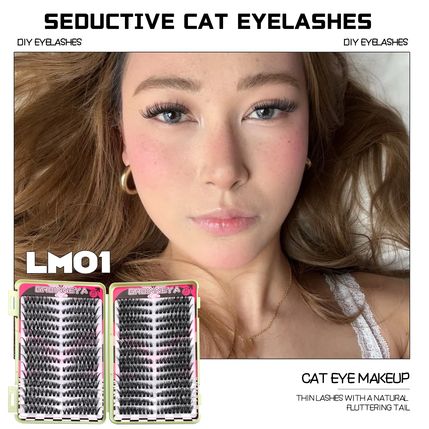 GROINNEYA DIY Lash Clusters​​ 5D Fluffy Thick Cat Eye Lashes Extension Dramatic Mixed Tray Eyelash Long Lasting Lash Makeup