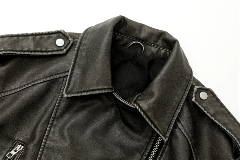 Blouson en cuir délavé avec ceinture pour femme, manteau court avec fermeture éclair dégradée et veste à revers vintage, New Stones Graysty le, 2024