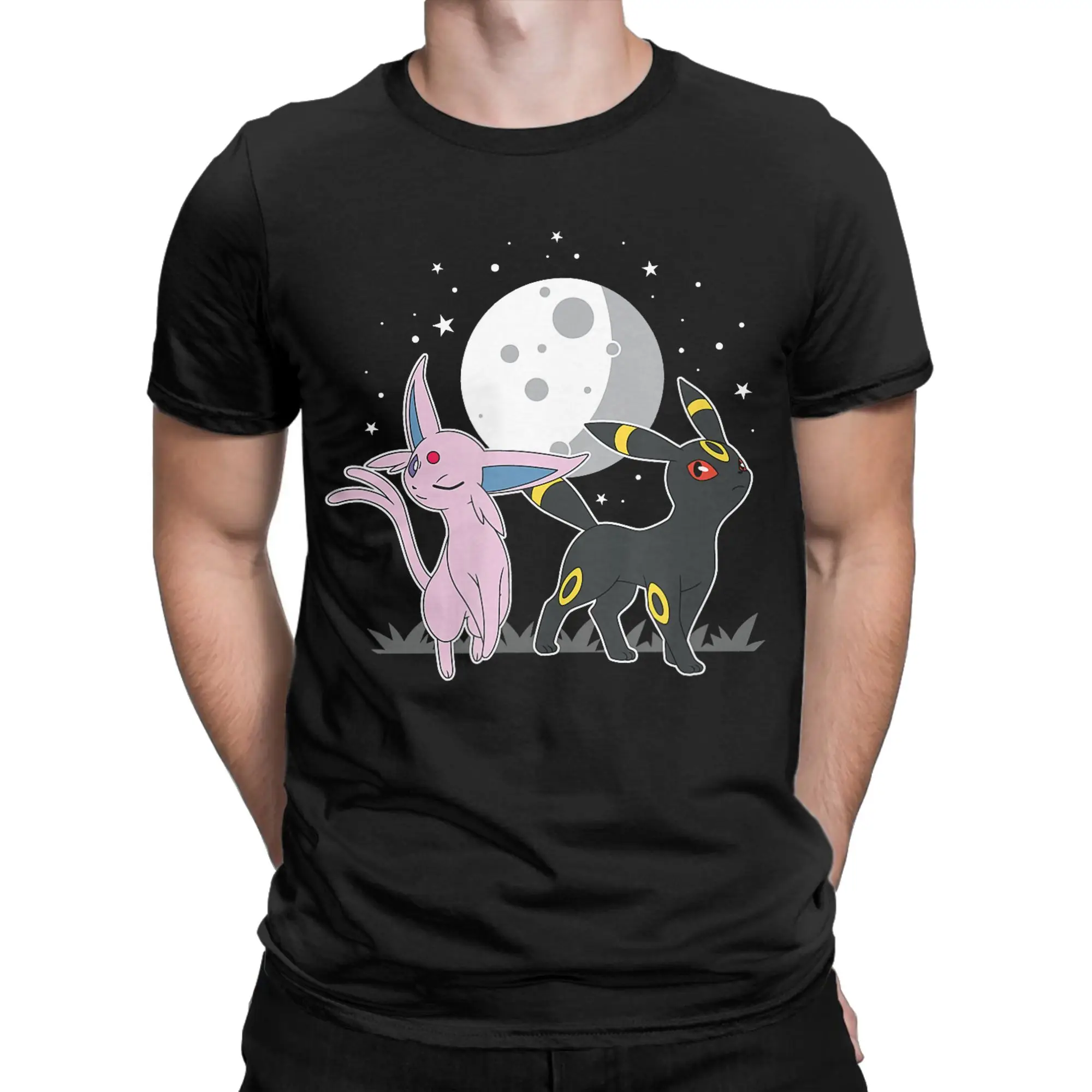 Pokemon Celestial Espeon and Umbreon T-Shirts Men  Vintage 100% Cotton Tee Shirt Round Neck Short Sleeve T Shirt Gift Clothing
