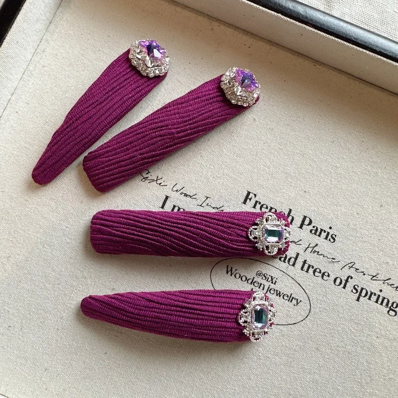 

Korean High-end Baroque Rhinestone Hair Clip Purple Fabric Long Style BB Clip Fashionable and Elegant Women's Straight Clip