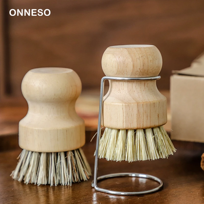 Escova de limpeza de tigela de pote de madeira + rack de drenagem - conjunto de ferramentas de cozinha com cerdas de fibra de plantas naturais