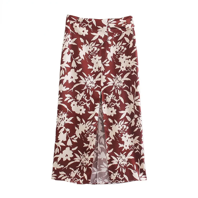 

Women Fashion Floral Print Front Slit Midi Skirt Vintage High Waist Back Zipper Female Skirts Mujer