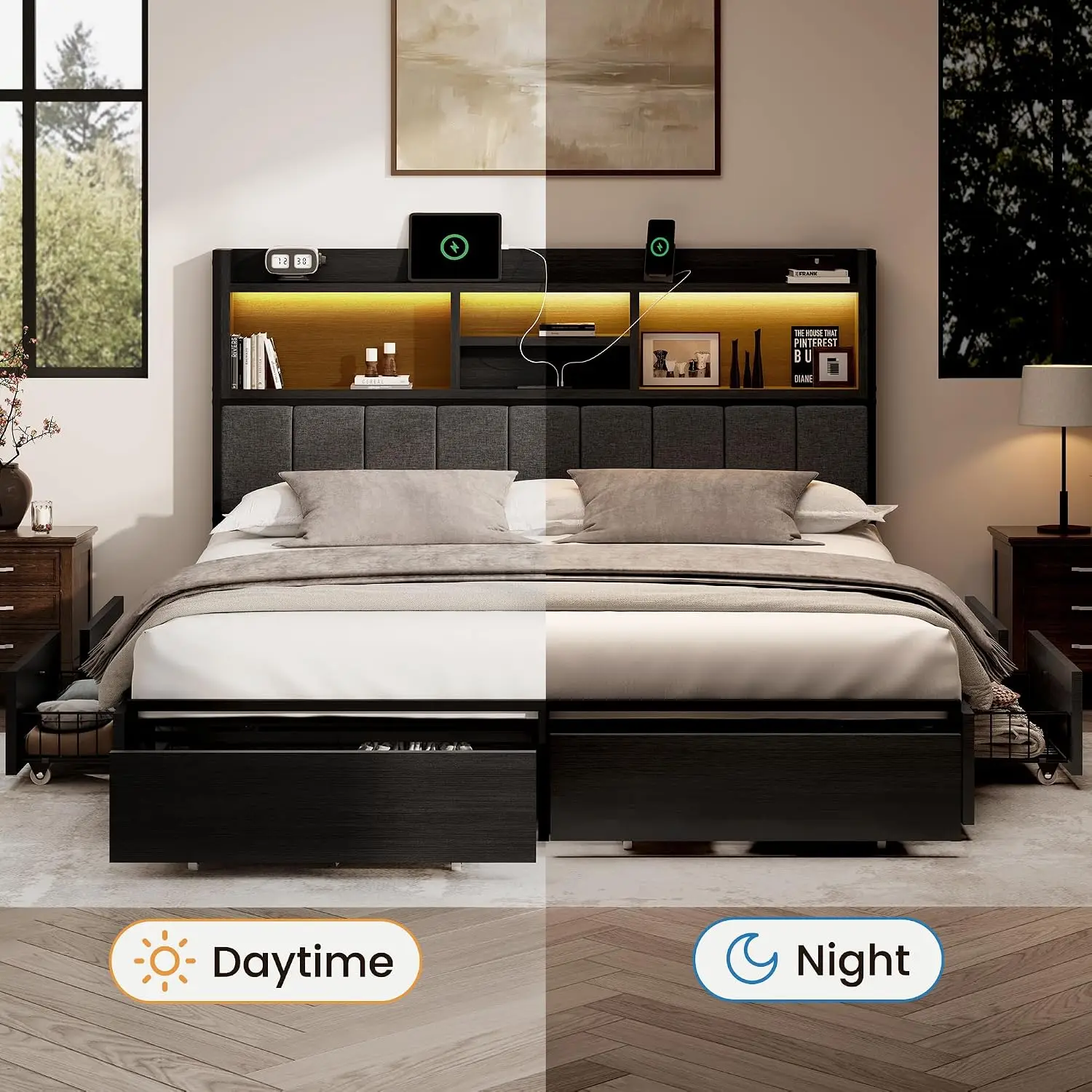 Queen Bed Frame 6 Drawers Linen Headboard USB LED Silent Metal Support No Box Spring Vintage Black, Customized