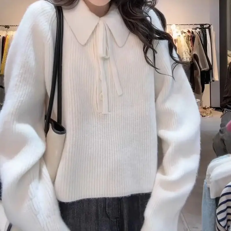 Polo Necklace Sweater Women Winter Loose Loose Knitted Top