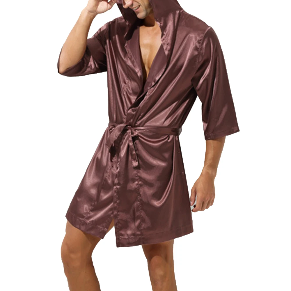 Male Nightgown Smooth Fashion Gown Bath High Quality Homewear Hooded Men Nightwear Robe Simulation Silk 2022 New