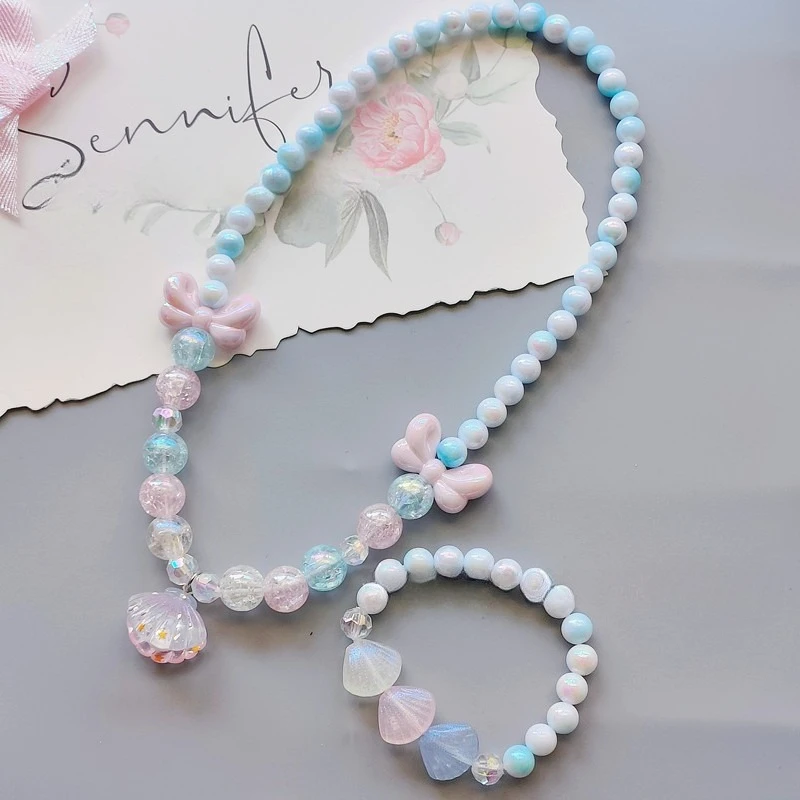 Kids Necklace Bracelet Set Cartoon Bowknot Glitter Glow in the Dark Colorful Mother of Pearl Shell 2 Piece Jewelry Daily Gift